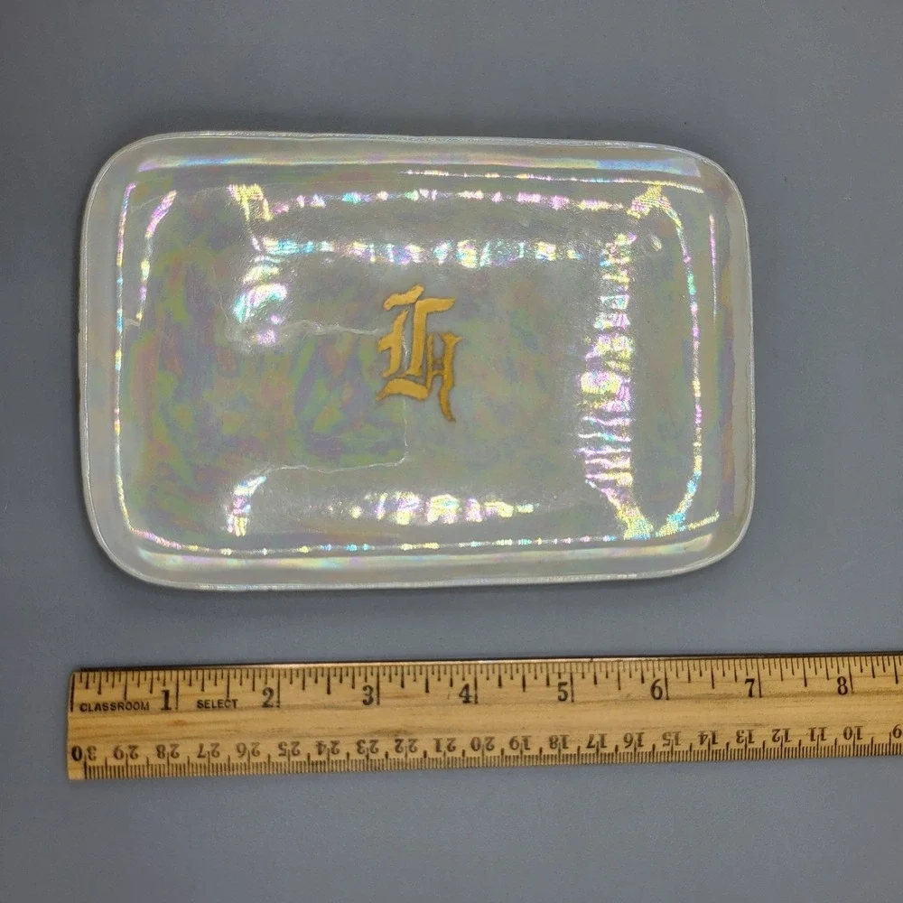Vintage Limoges Trinket Dish Iridescent Gold Monogram Luster Tray White 6.75x4.5